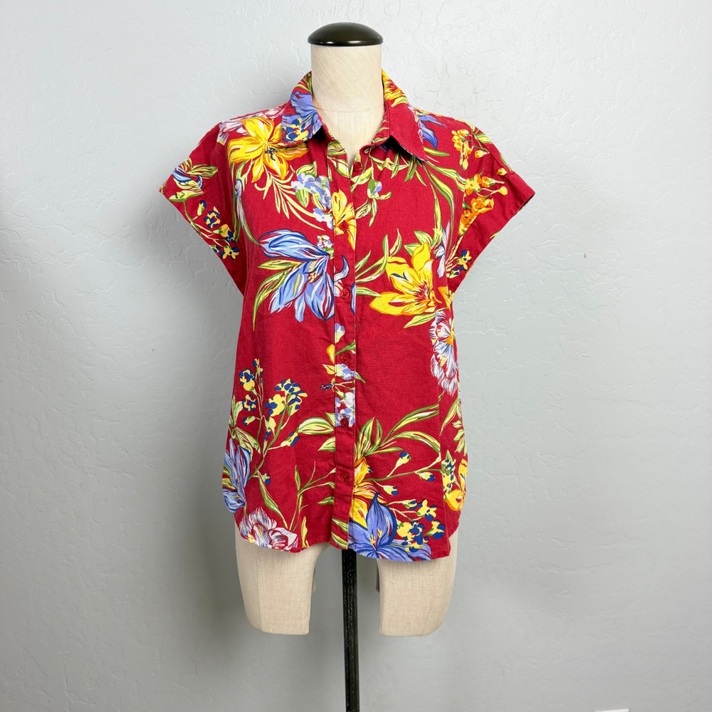 A New Day Womens Red Tropical Floral Linen Blend Button Down Shirt Size M